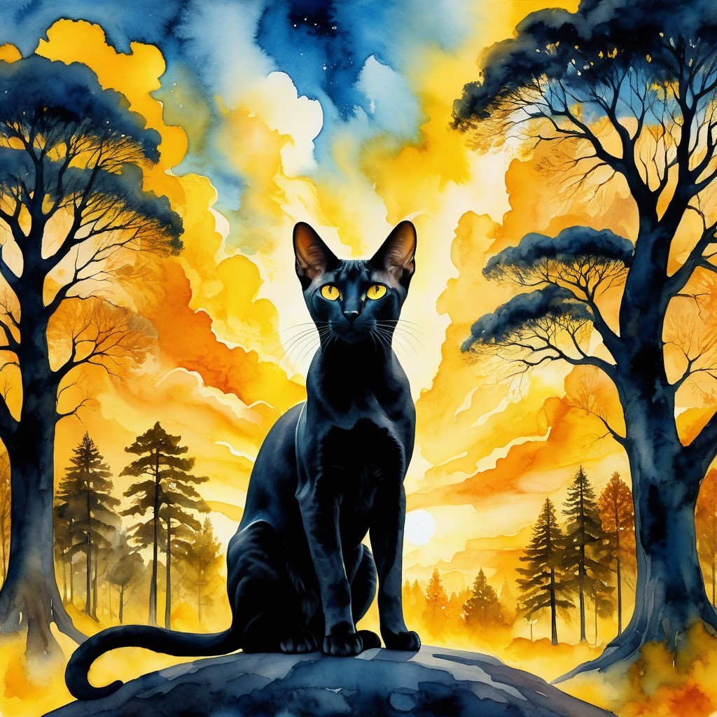 Black Cat Silhouetted Against Vibrant Sunset Sky