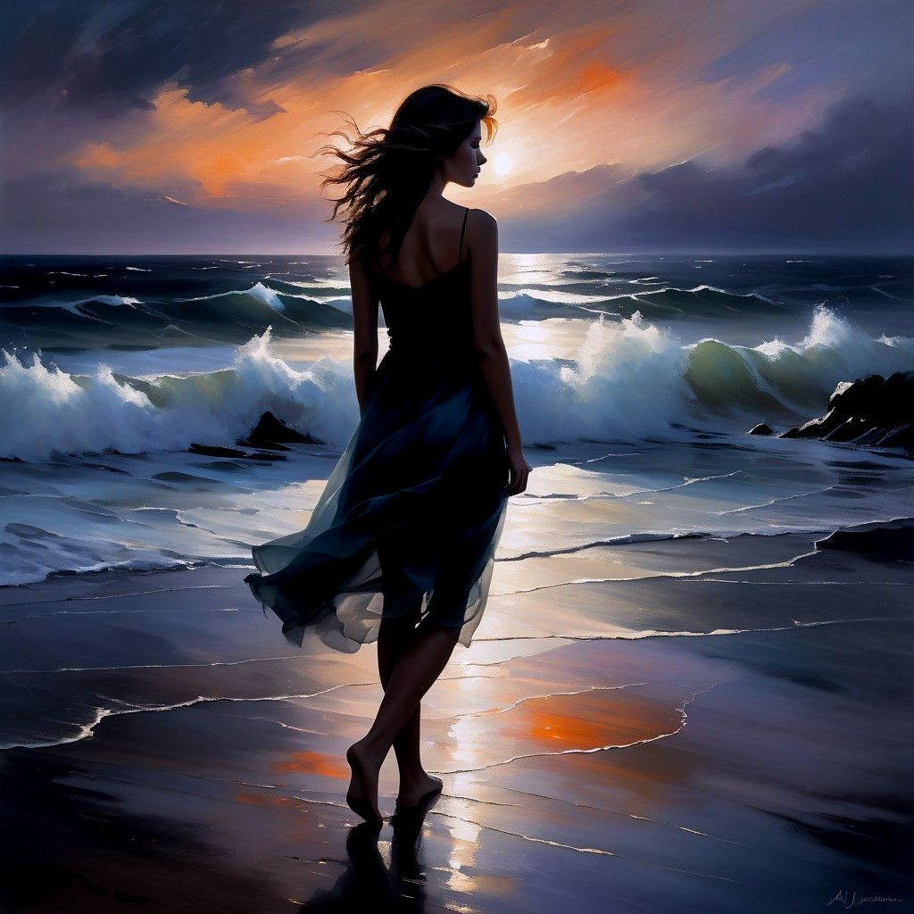 Silhouette of a woman on a beach at sunset
