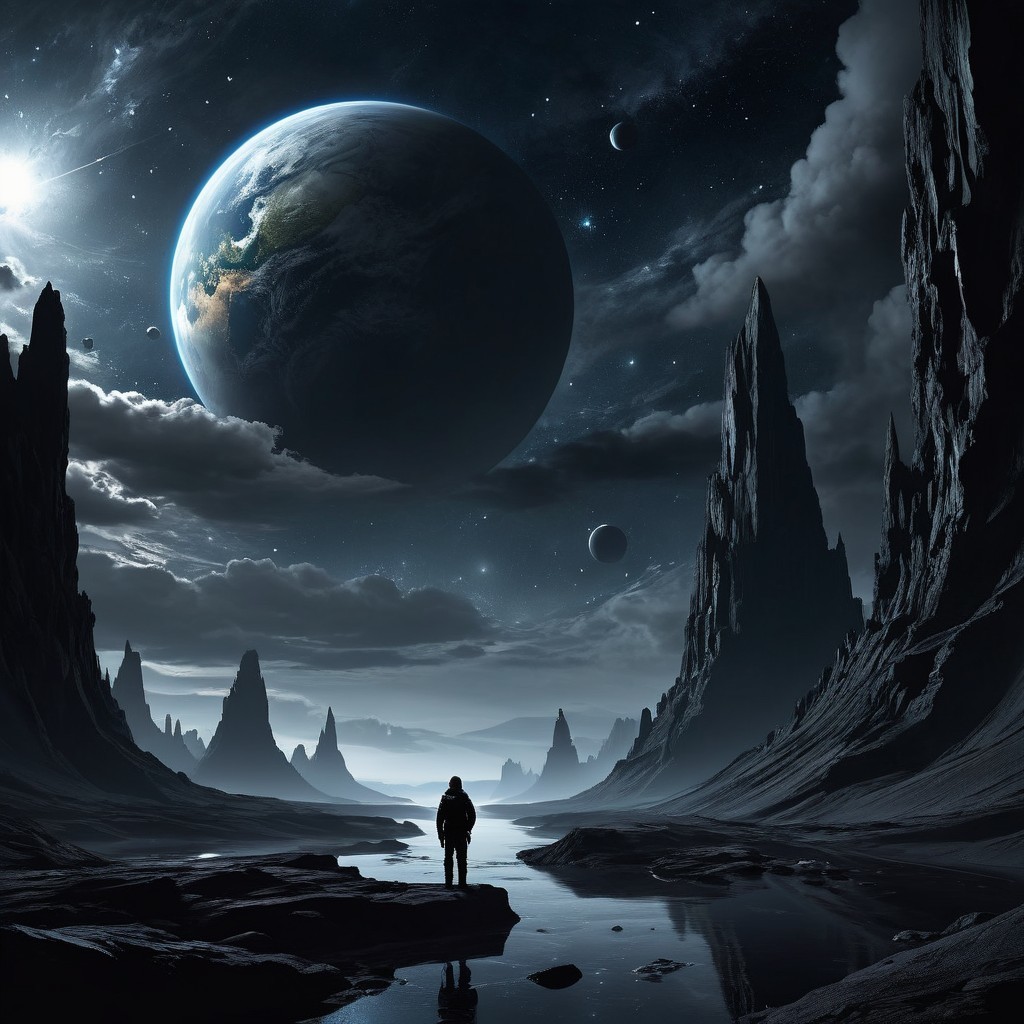 Surreal Landscape with Starry Sky and Rock Formations