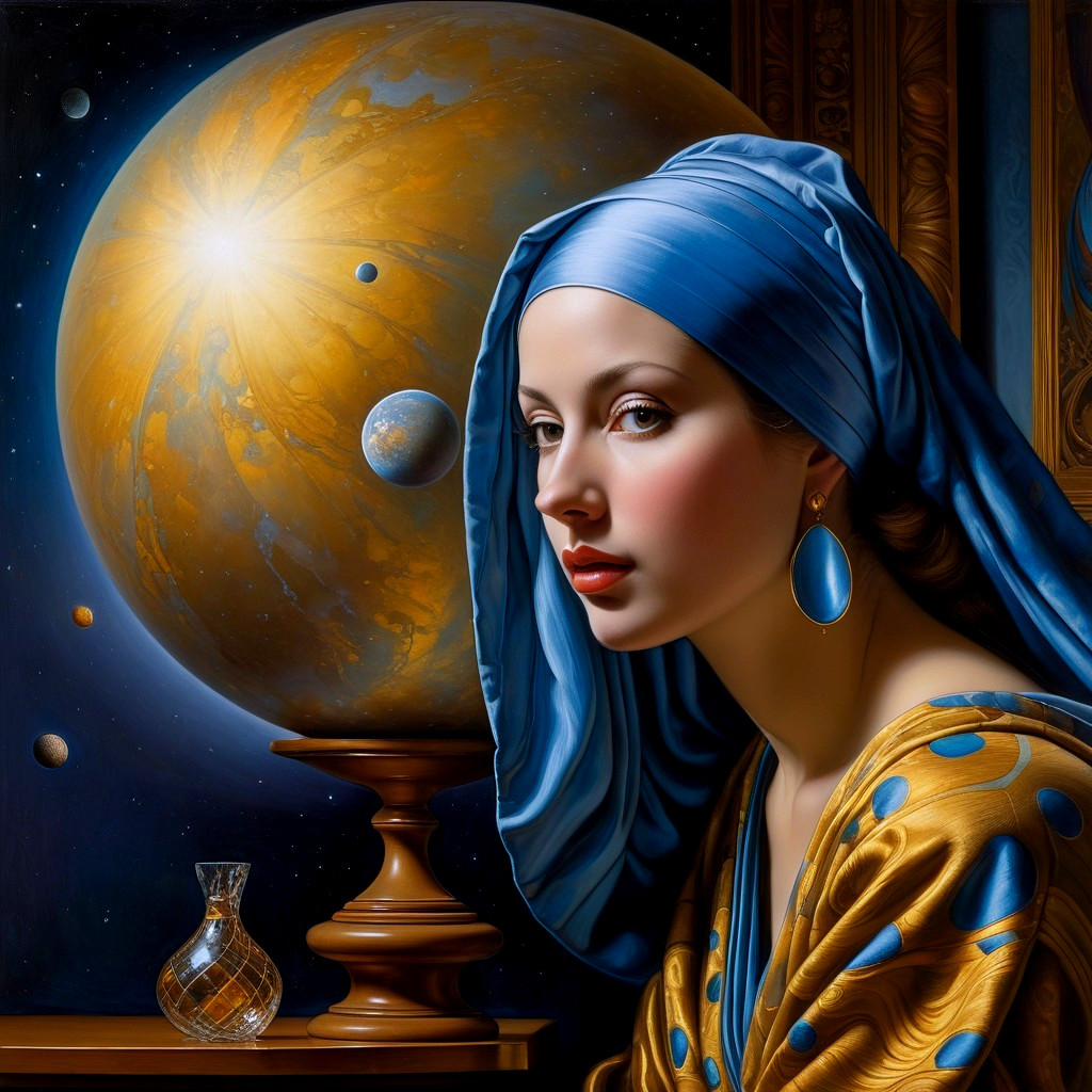 Woman in Blue Headscarf with Celestial Background