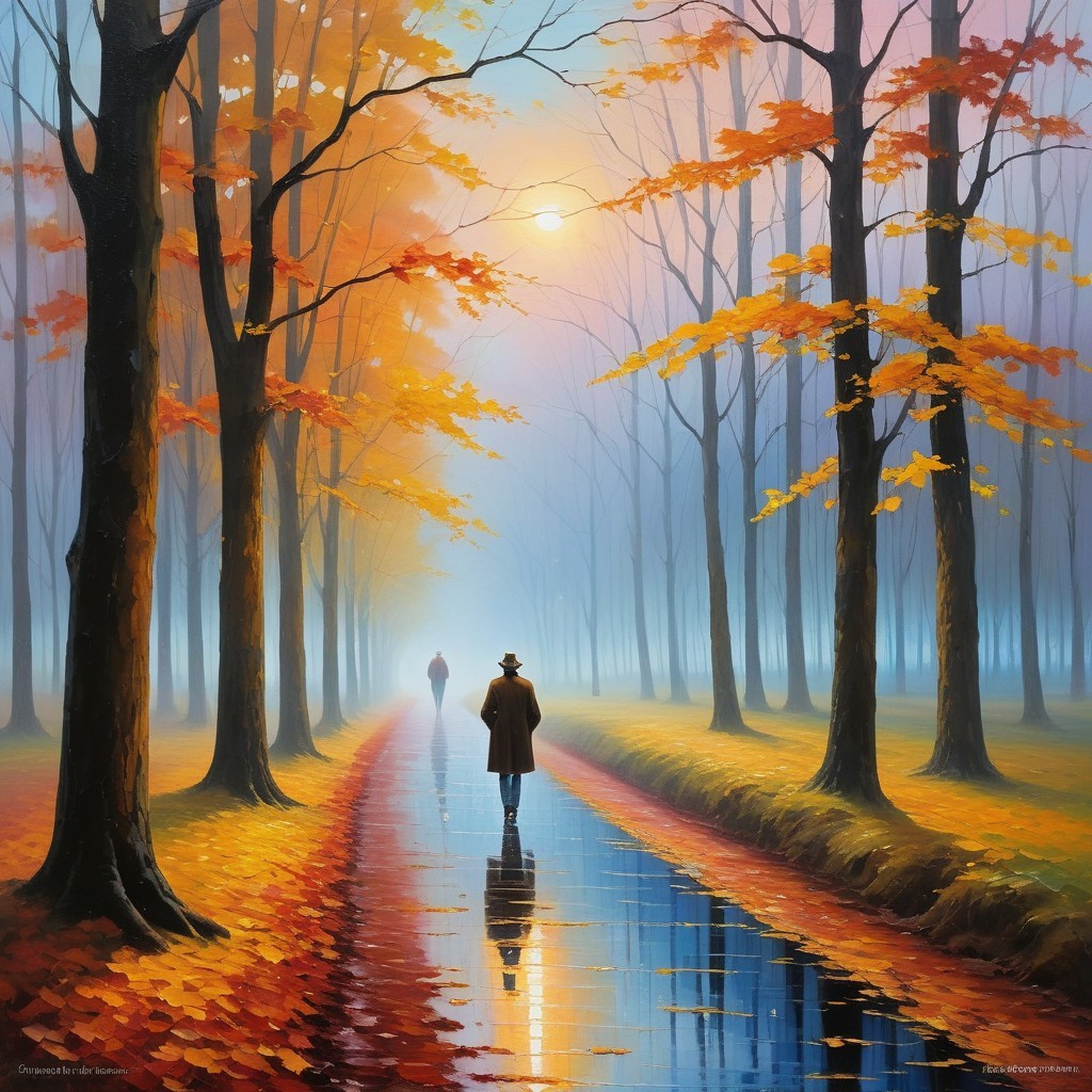 Tranquil Autumn Scene in a Misty Forest Path
