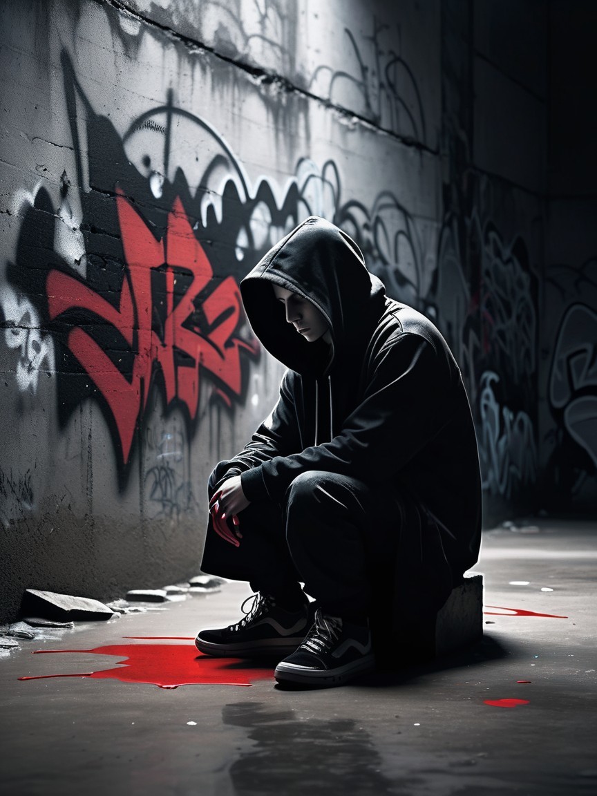 Crouching Figure in Dark Hoodie Against Graffiti Wall
