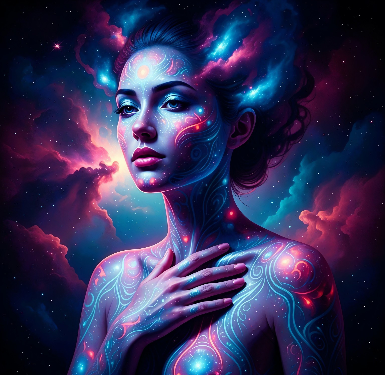 Surreal Woman with Cosmic Patterns in Galaxy Scene