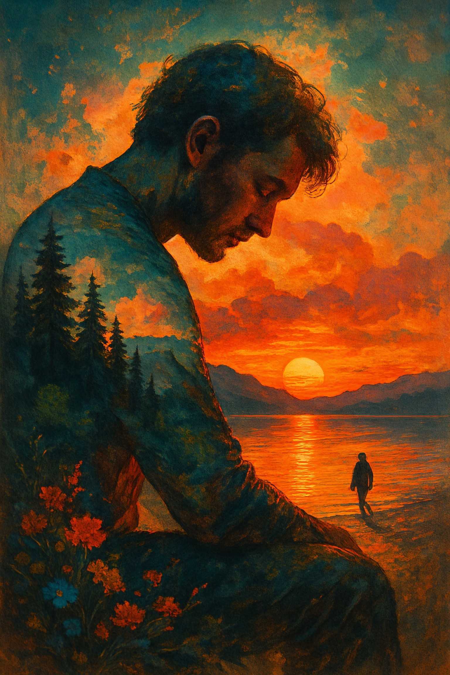 Serene Sunset Reflection with Nature and Figures