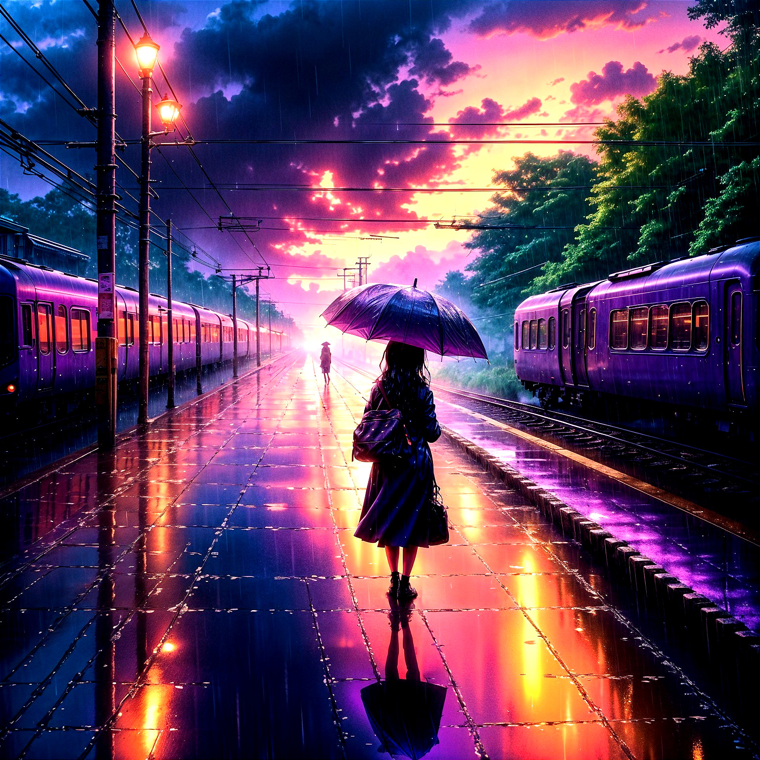 Solitary Figure on a Rainy Platform at Sunset