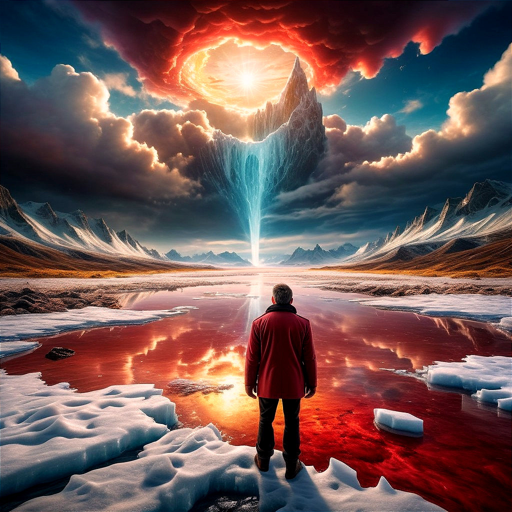 Silhouette of a Man Against a Surreal Landscape