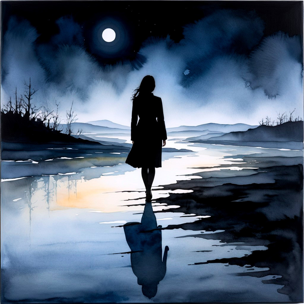 Solitary Figure by Reflective Water Under Moonlight