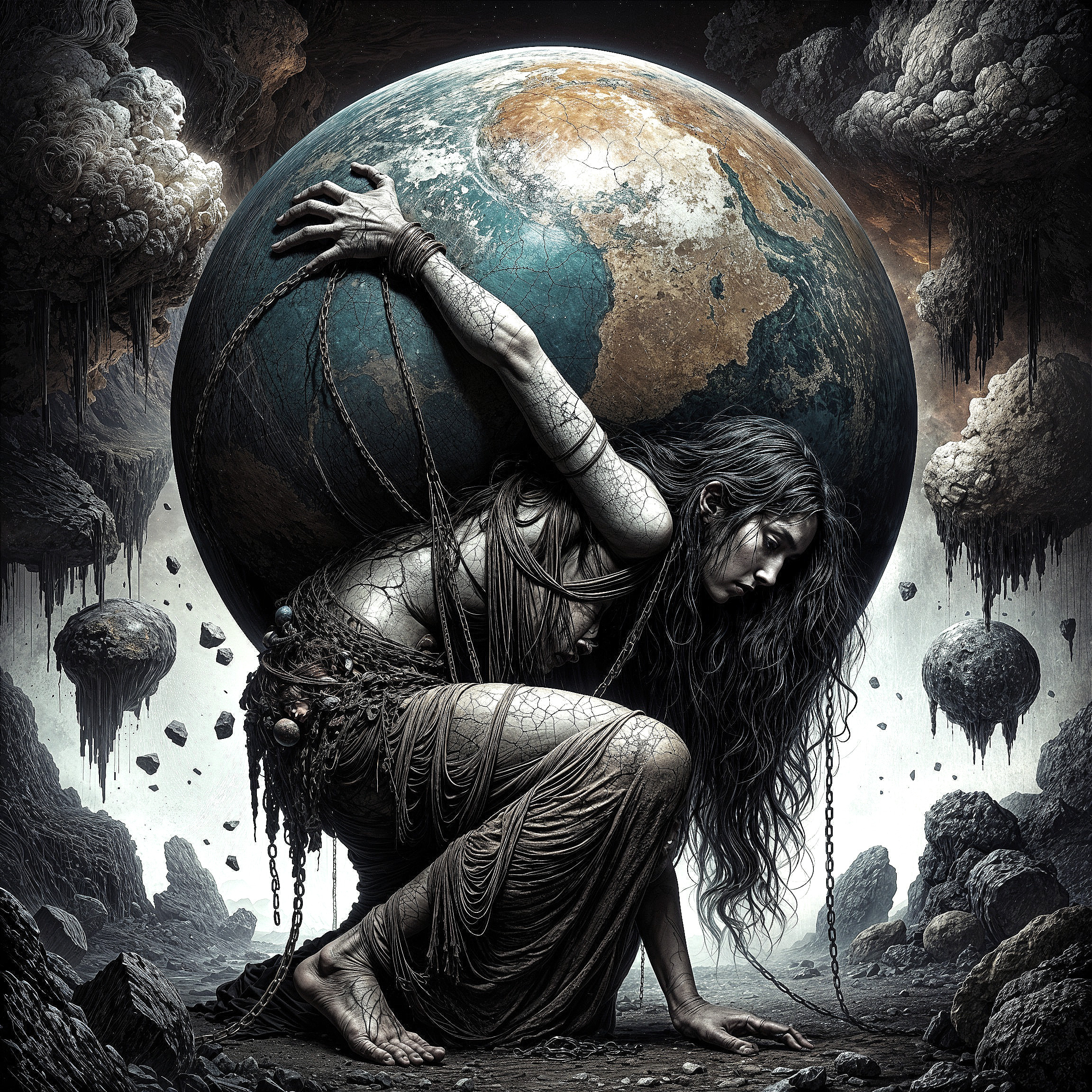 Mythological Figure Straining Under Earth's Weight