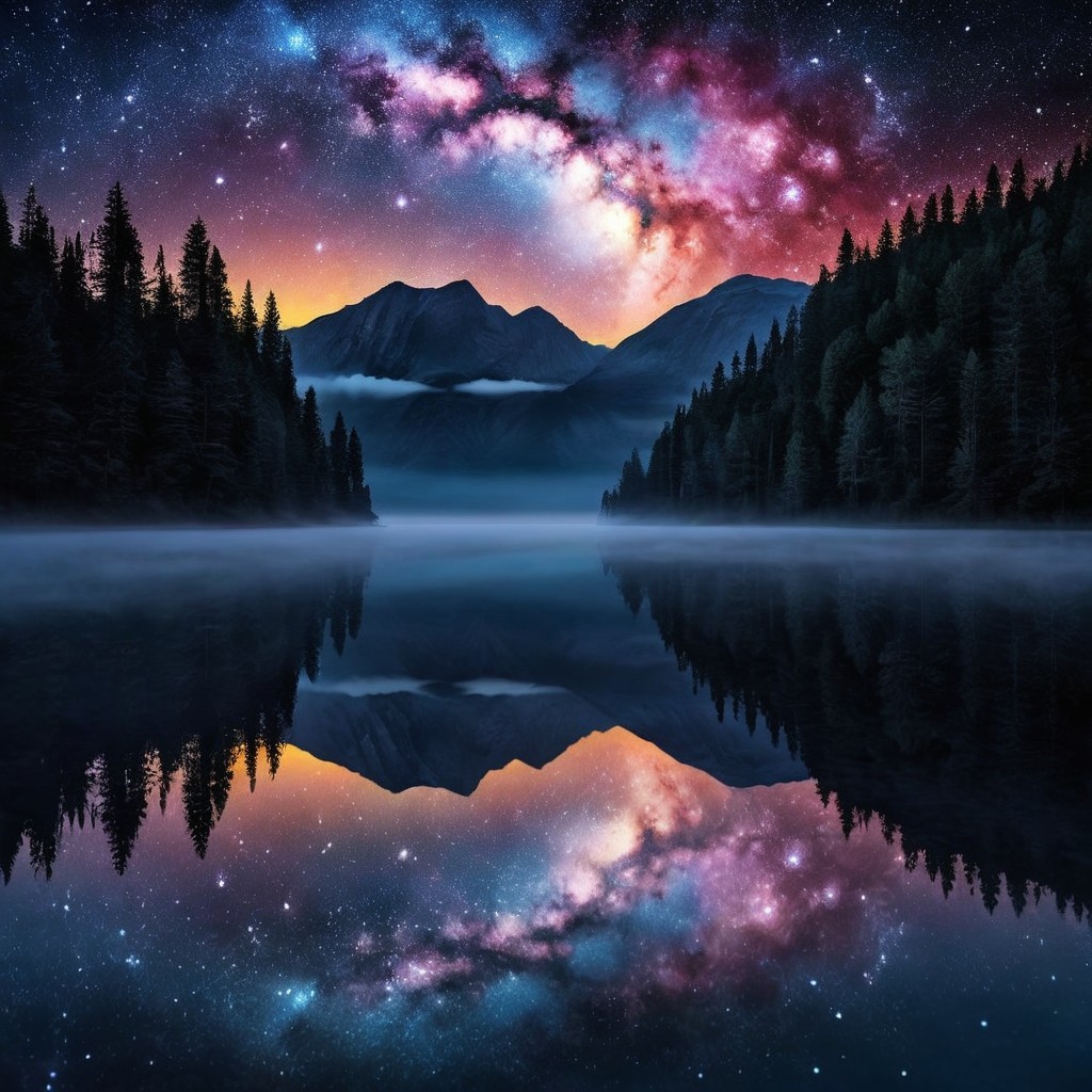 Milky Way Over Mountains and Reflective Lake Scene