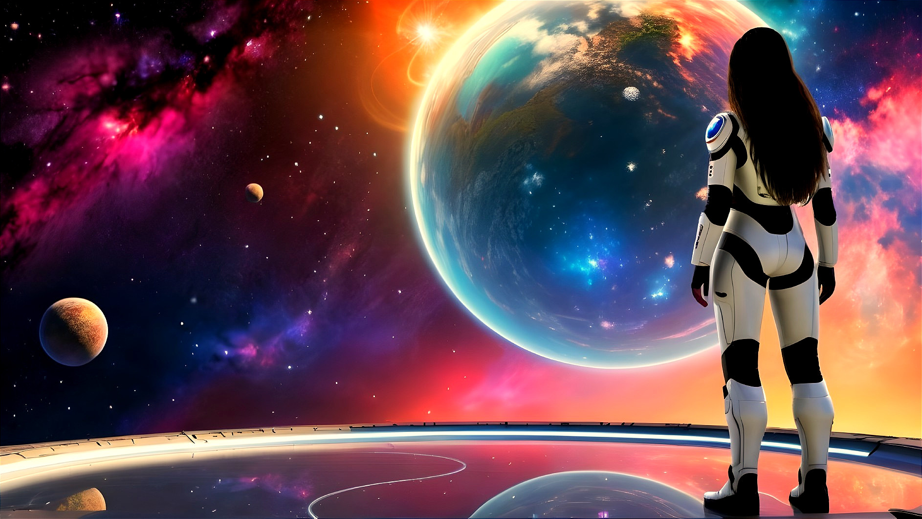 Futuristic Astronaut Overlooking Cosmic Nebula and Planets
