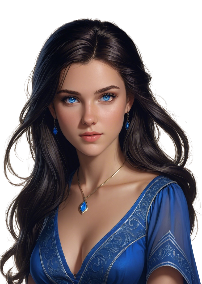 Young woman in elegant blue dress with blue gemstones