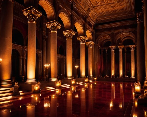 Elegant Grand Hall with Ornate Columns and Lighting