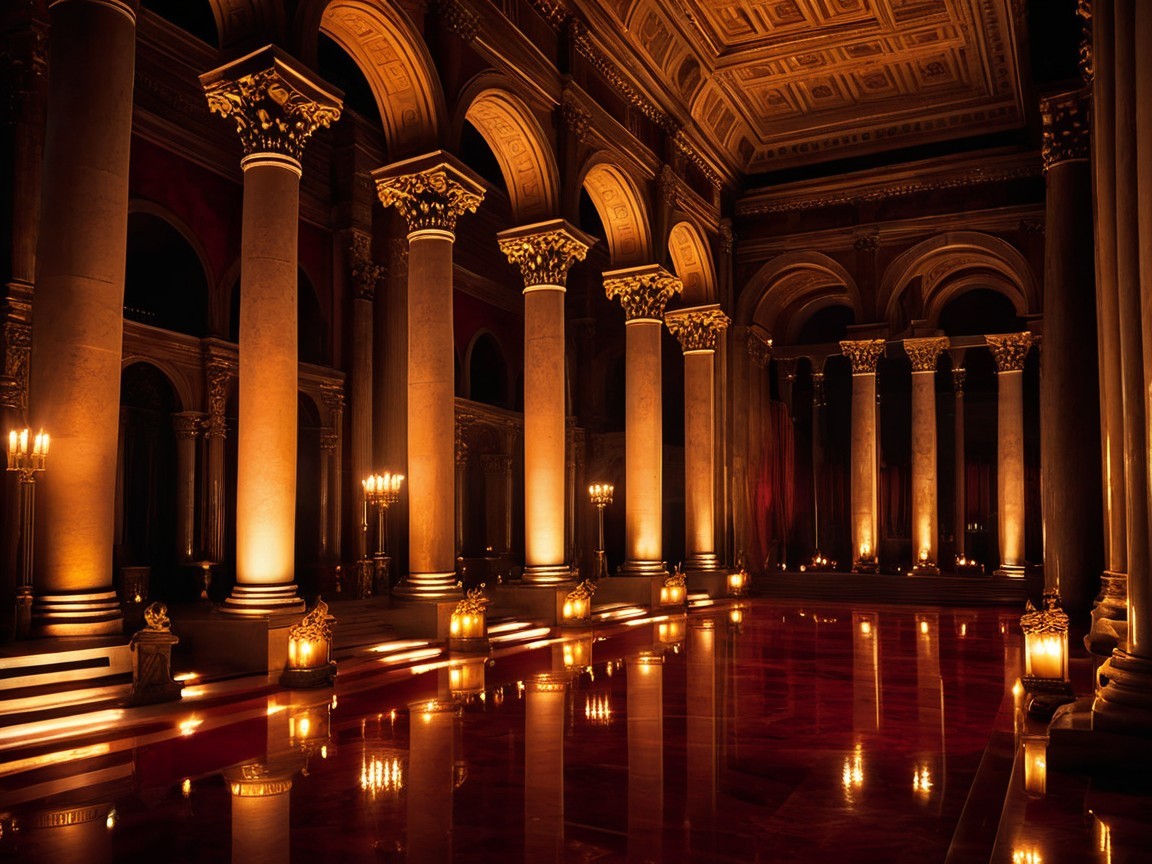 Elegant Grand Hall with Ornate Columns and Lighting