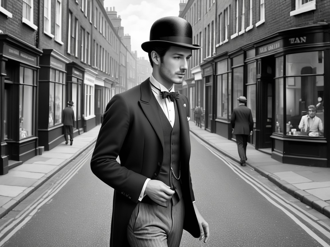 Black and white photo of a man in formal attire walking