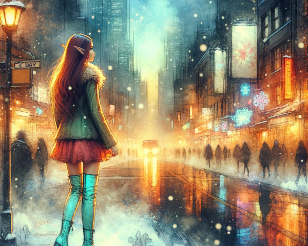 Snowy Cityscape with Figure Under Streetlamp