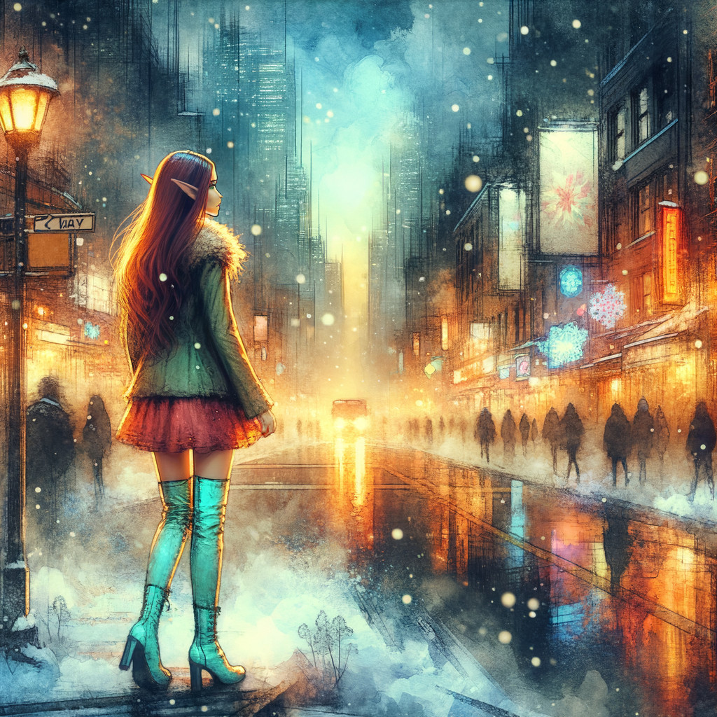Snowy Cityscape with Figure Under Streetlamp