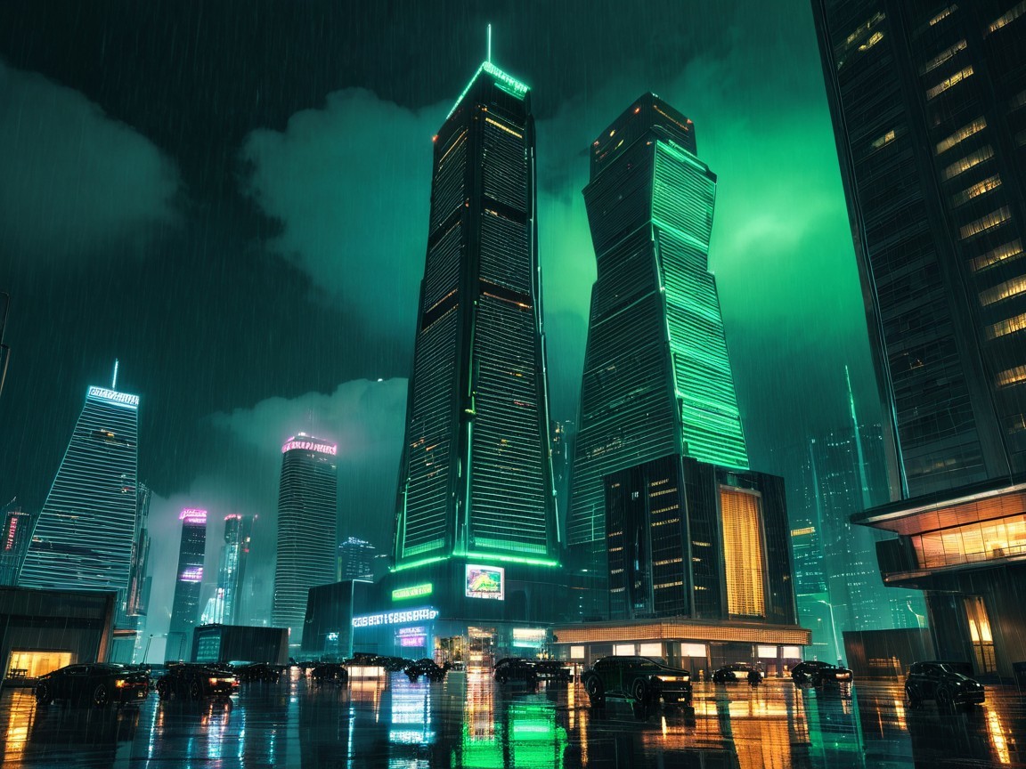 Futuristic Night Cityscape with Neon Lights and Rain