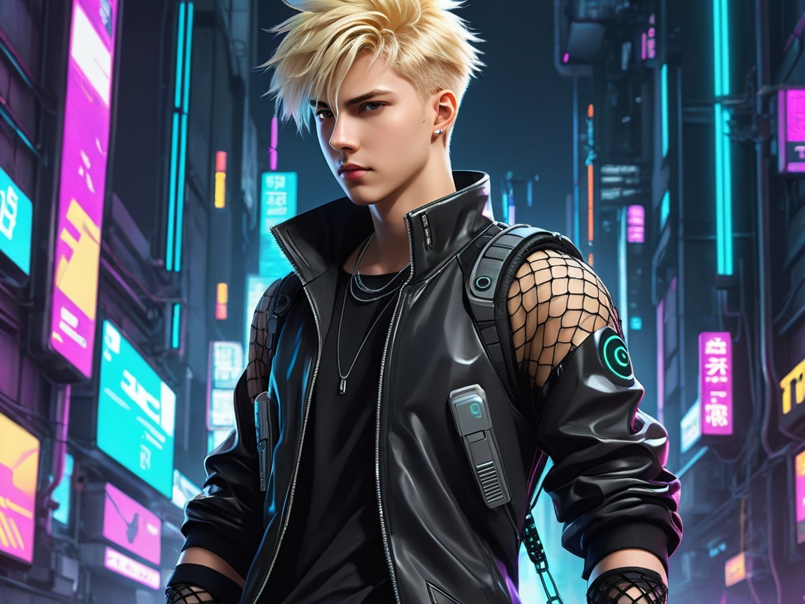 Young man in vibrant cyberpunk cityscape with neon lights