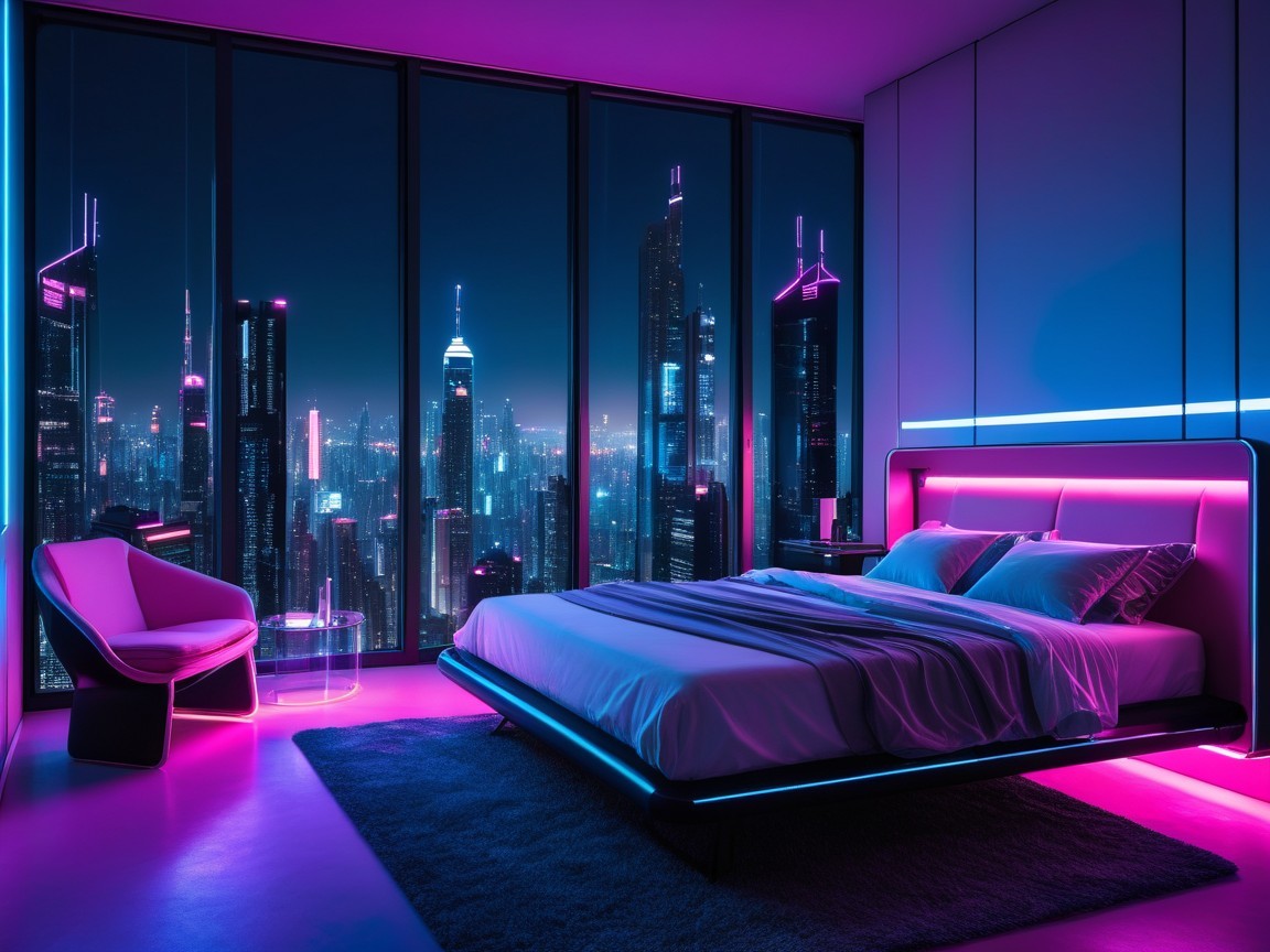 Modern Bedroom with Cityscape and Neon Lighting