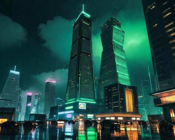 Futuristic Night Cityscape with Neon Lights and Rain
