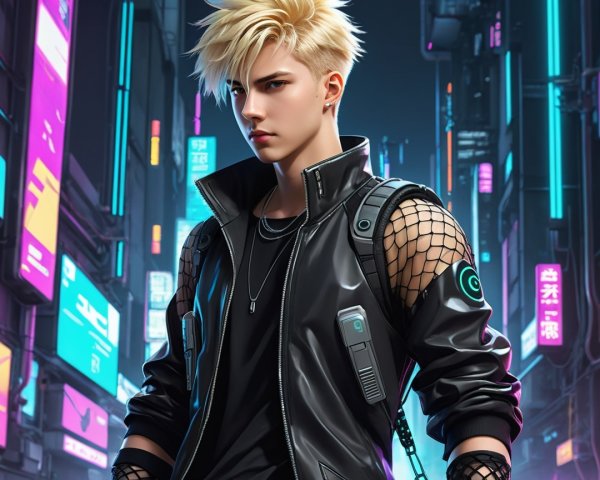 Young man in vibrant cyberpunk cityscape with neon lights