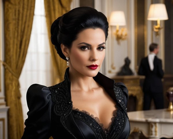 Elegant Woman in Lavishly Decorated Room