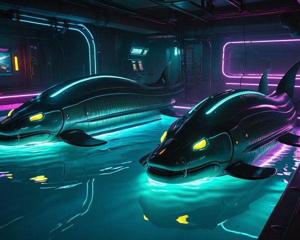 Futuristic Metallic Whales in Neon-Lit Setting