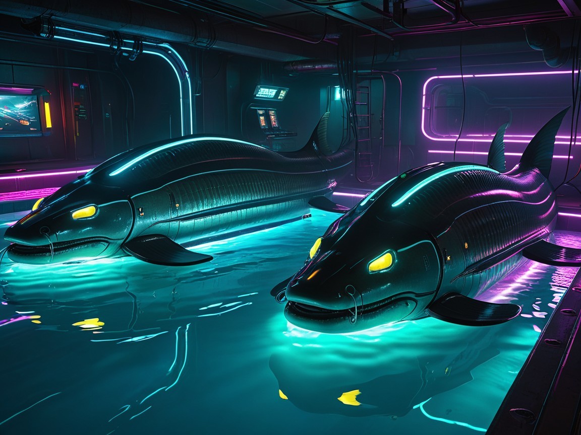 Futuristic Metallic Whales in Neon-Lit Setting