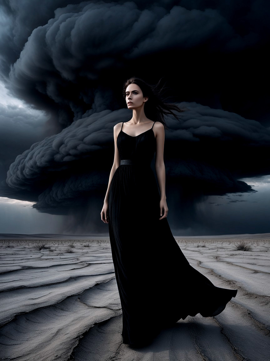 Woman in Black Dress Against Stormy Landscape