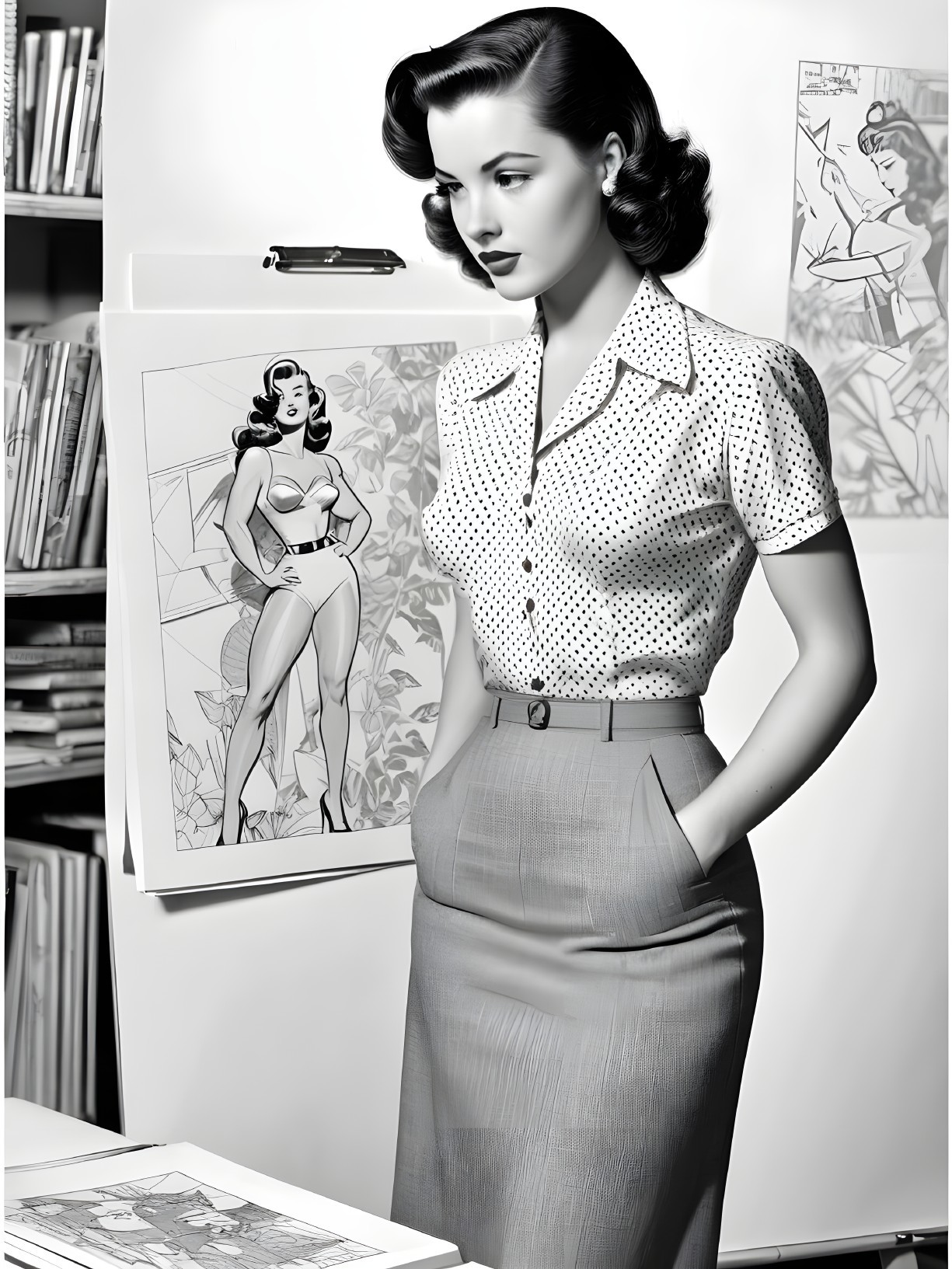 Vintage Black and White Image of 1950s Fashion and Art