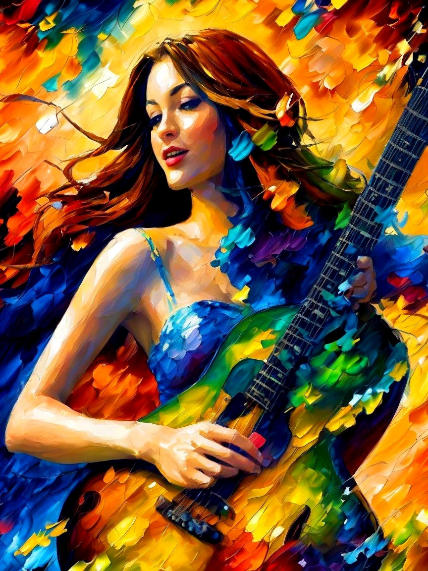 Vibrant Painting of a Woman Playing Electric Guitar