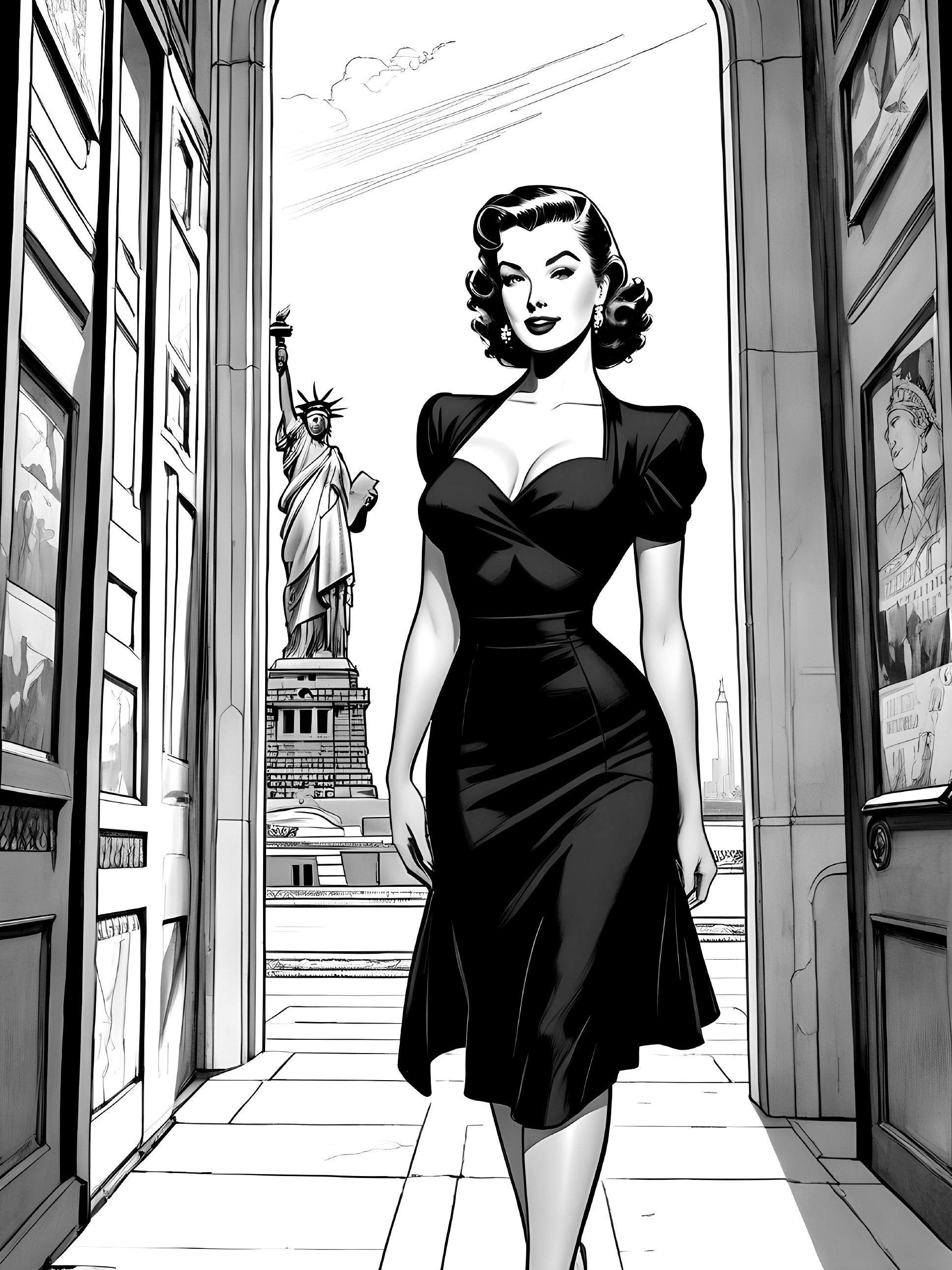Glamorous Woman in Vintage Dress with Statue of Liberty
