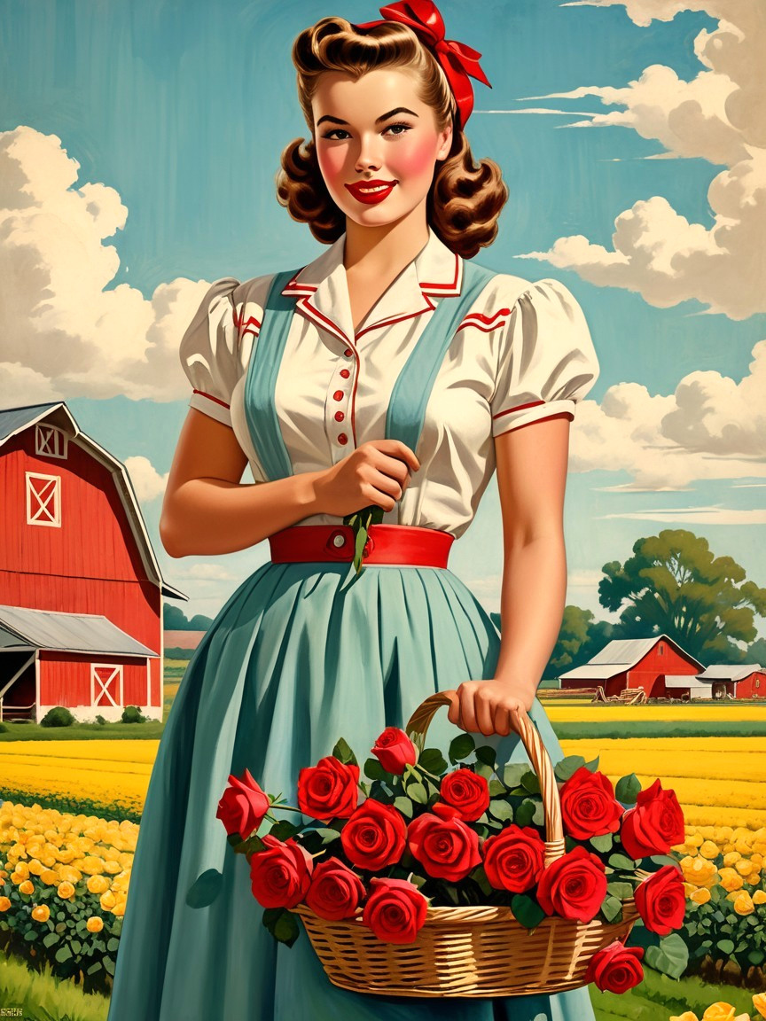 Vintage Scene of Woman with Roses in Rural Setting