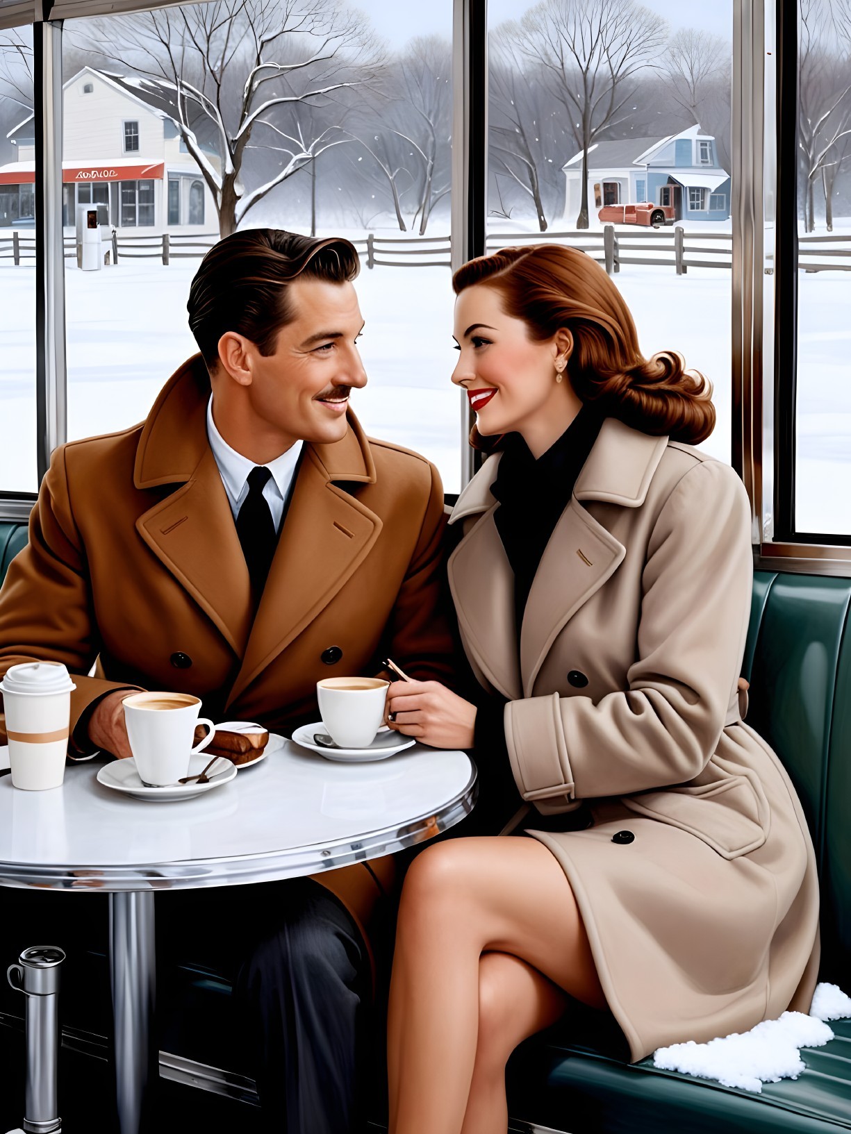 Couple Enjoying Coffee at Retro Diner in Winter