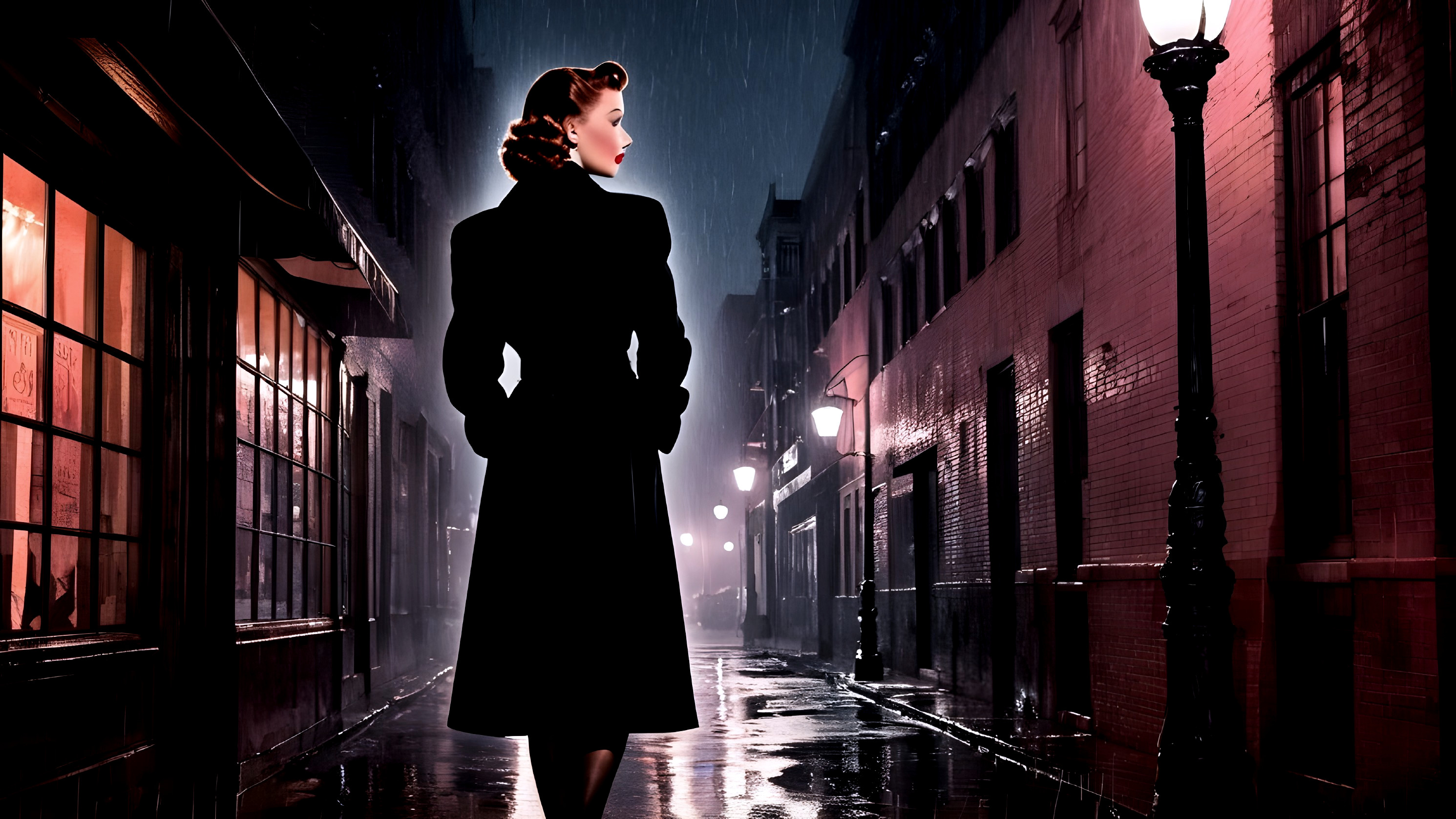 Vintage Black Coat in Rainy Urban Alley Scene