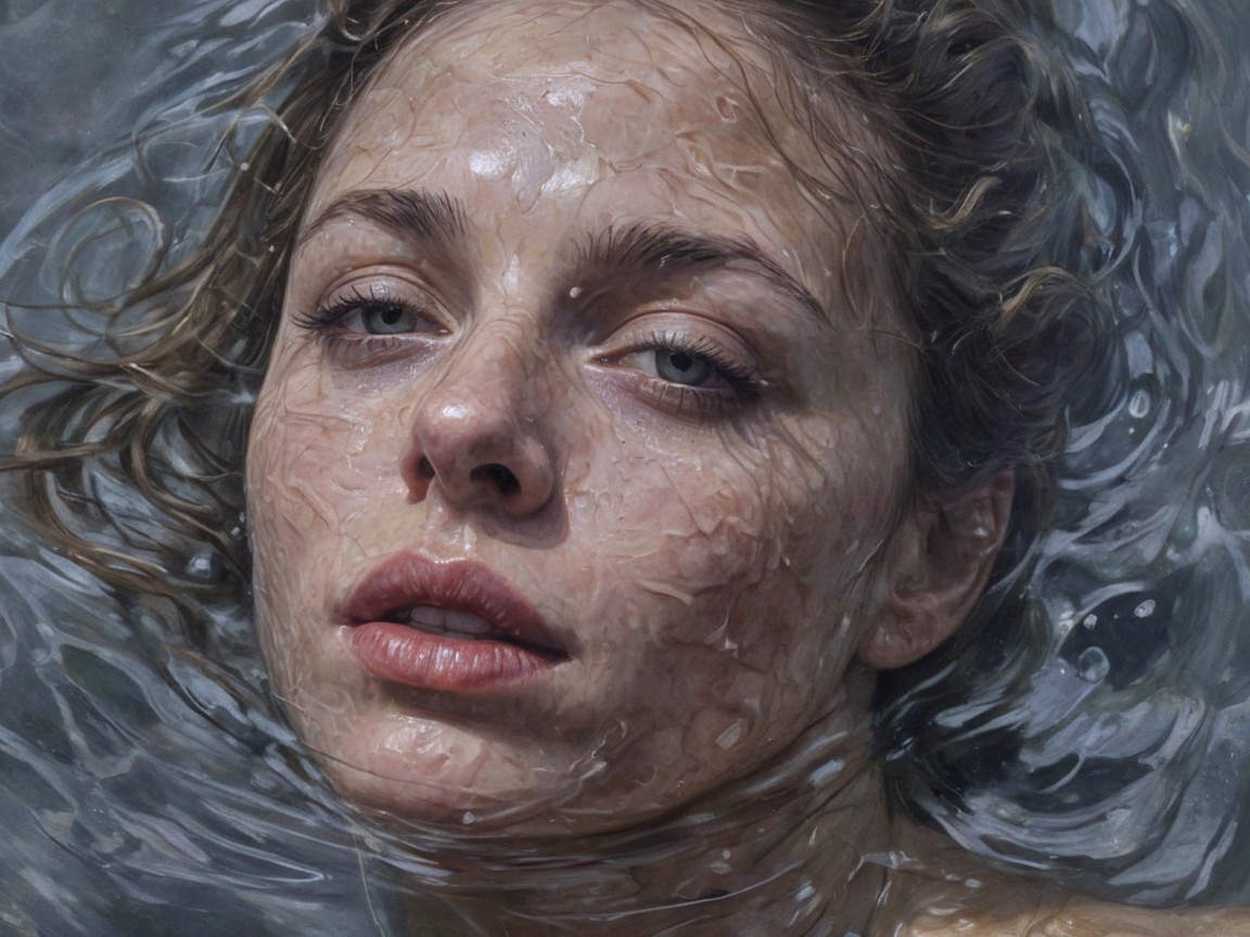 Close-up of a woman's face submerged in water