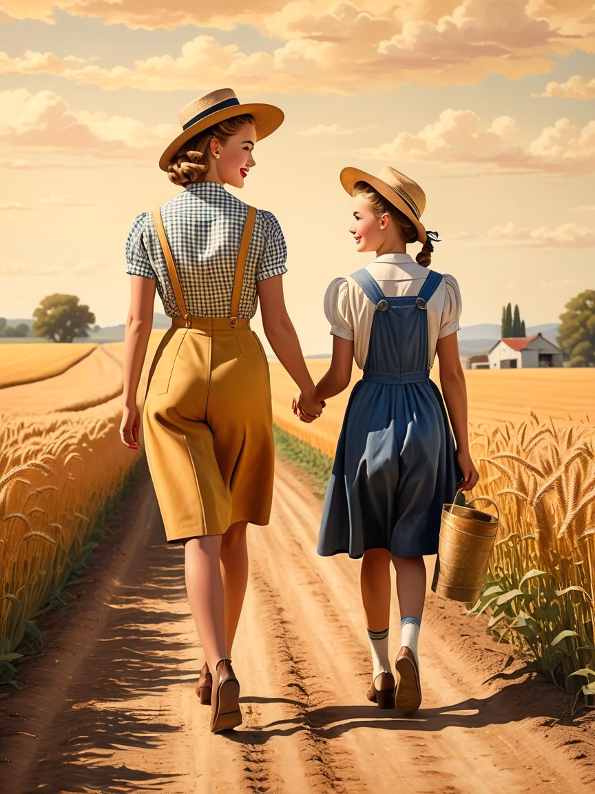 Nostalgic Scene of a Woman and Girl in Wheat Field