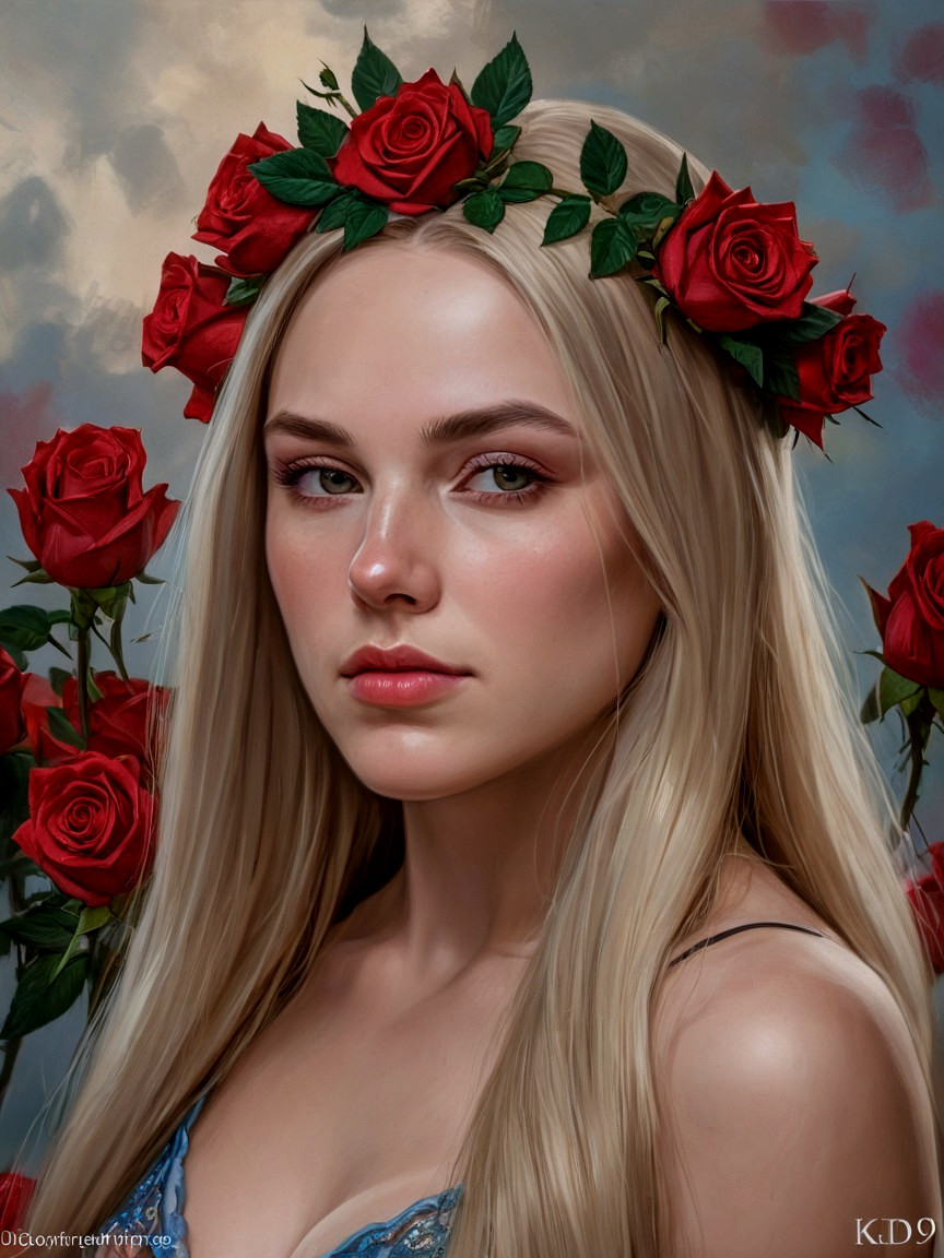 Young Woman with Blonde Hair and Rose Crown Portrait