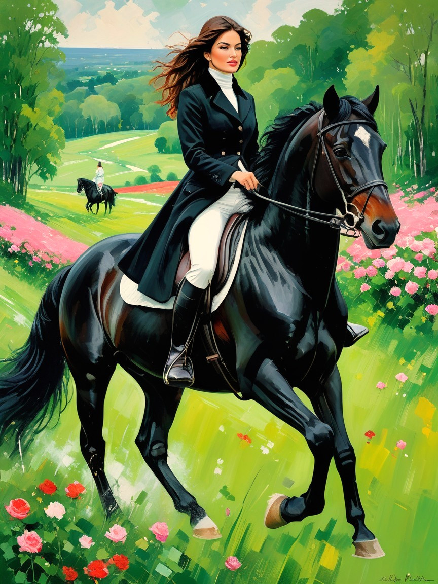 Elegant Equestrian Riding Through Vibrant Landscape
