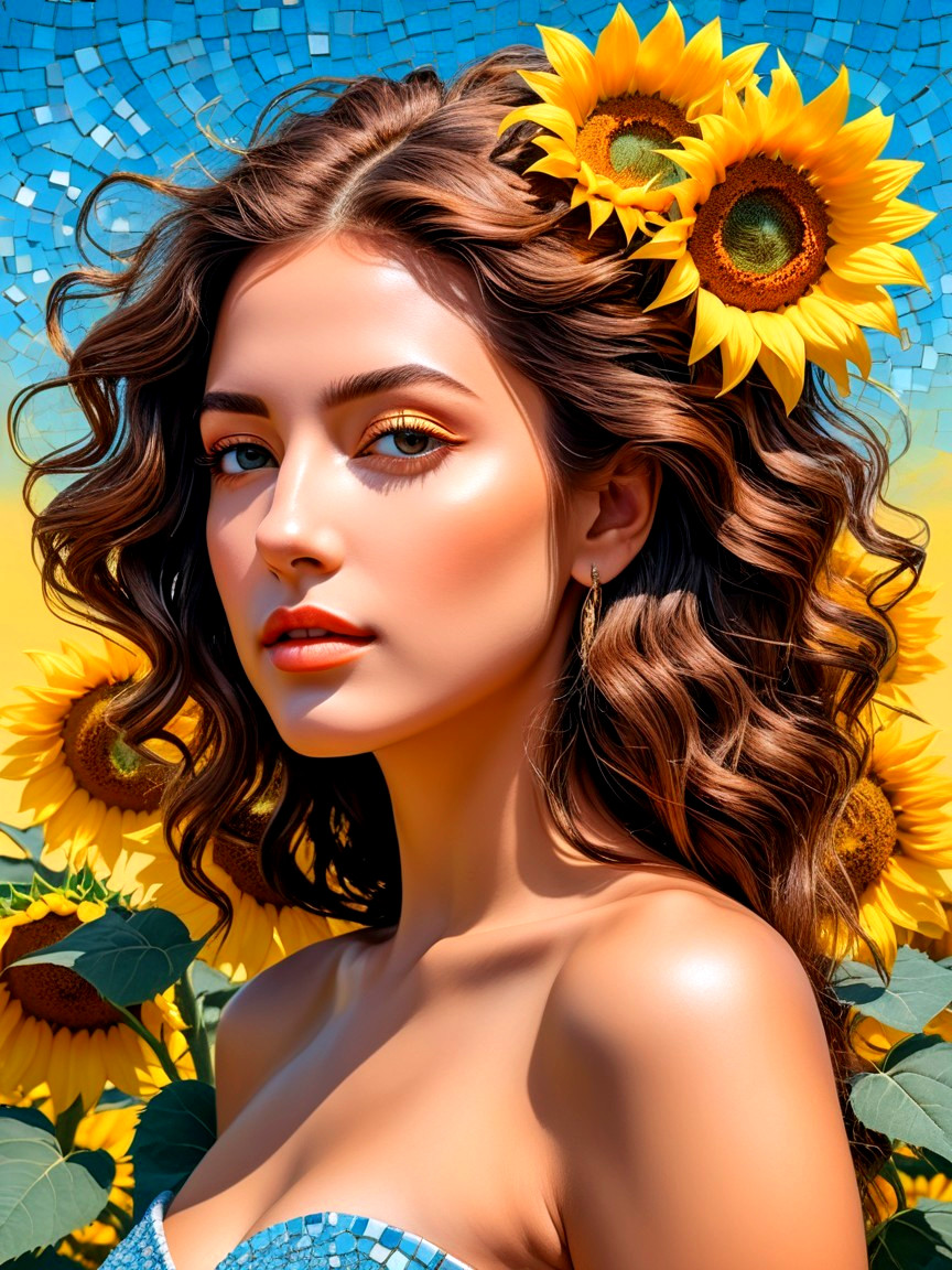Young Woman Surrounded by Sunflowers and Blue Mosaic
