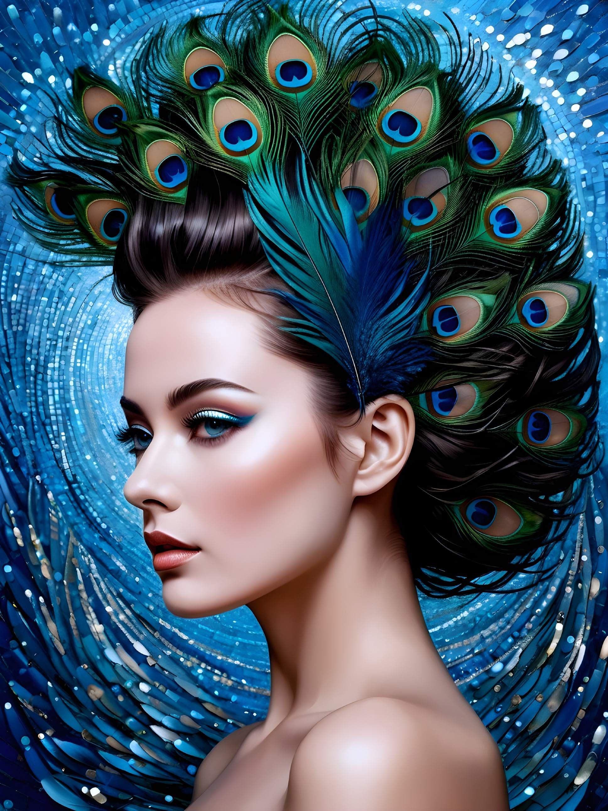 Profile Portrait of Woman with Peacock Feather Hair