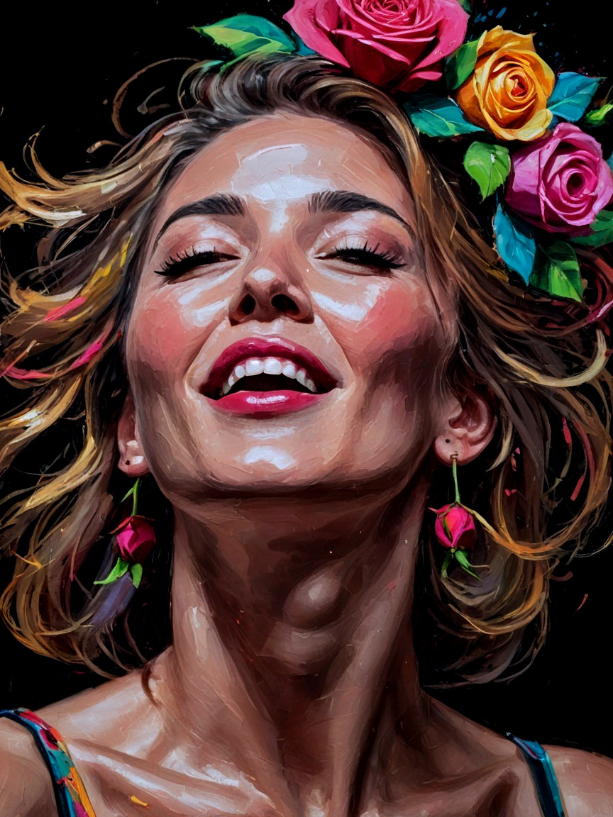 Joyful Woman with Floral Accents and Luminous Skin