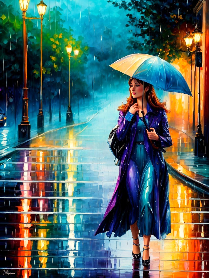 Woman in yellow umbrella on a vibrant rainy street