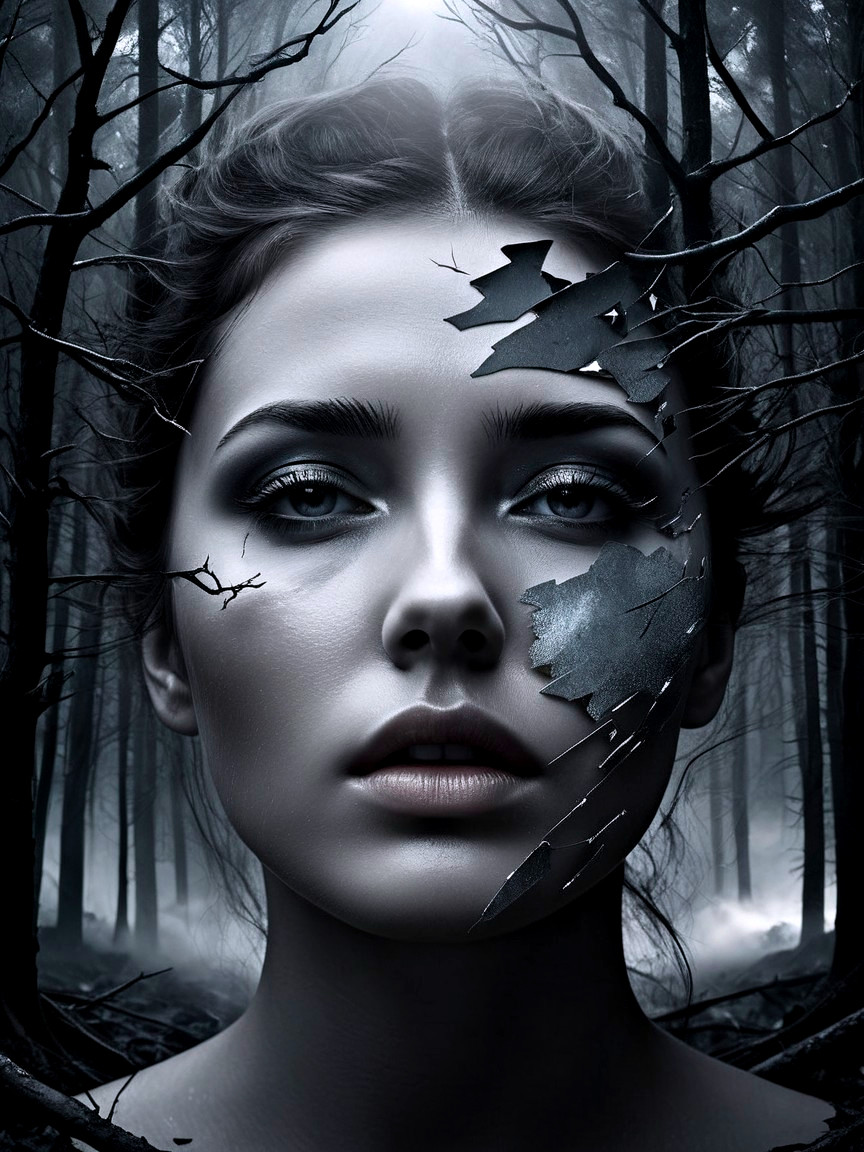 Haunting Portrait of Woman in Dark Misty Forest