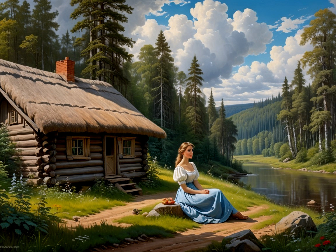 Serene Landscape with Cabin, River, and Woman