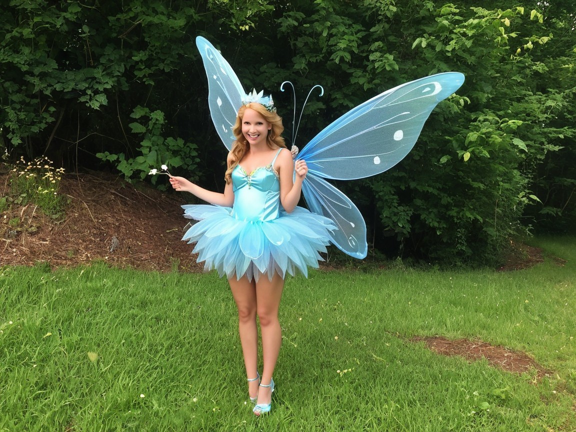 Whimsical Fairy in Blue Costume in Lush Green Setting