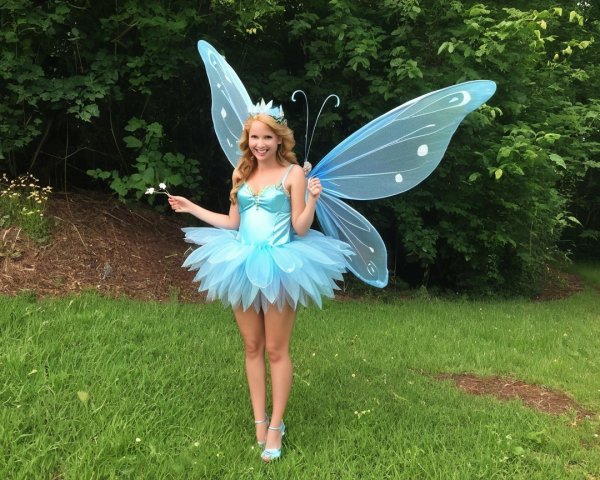 Whimsical Fairy in Blue Costume in Lush Green Setting