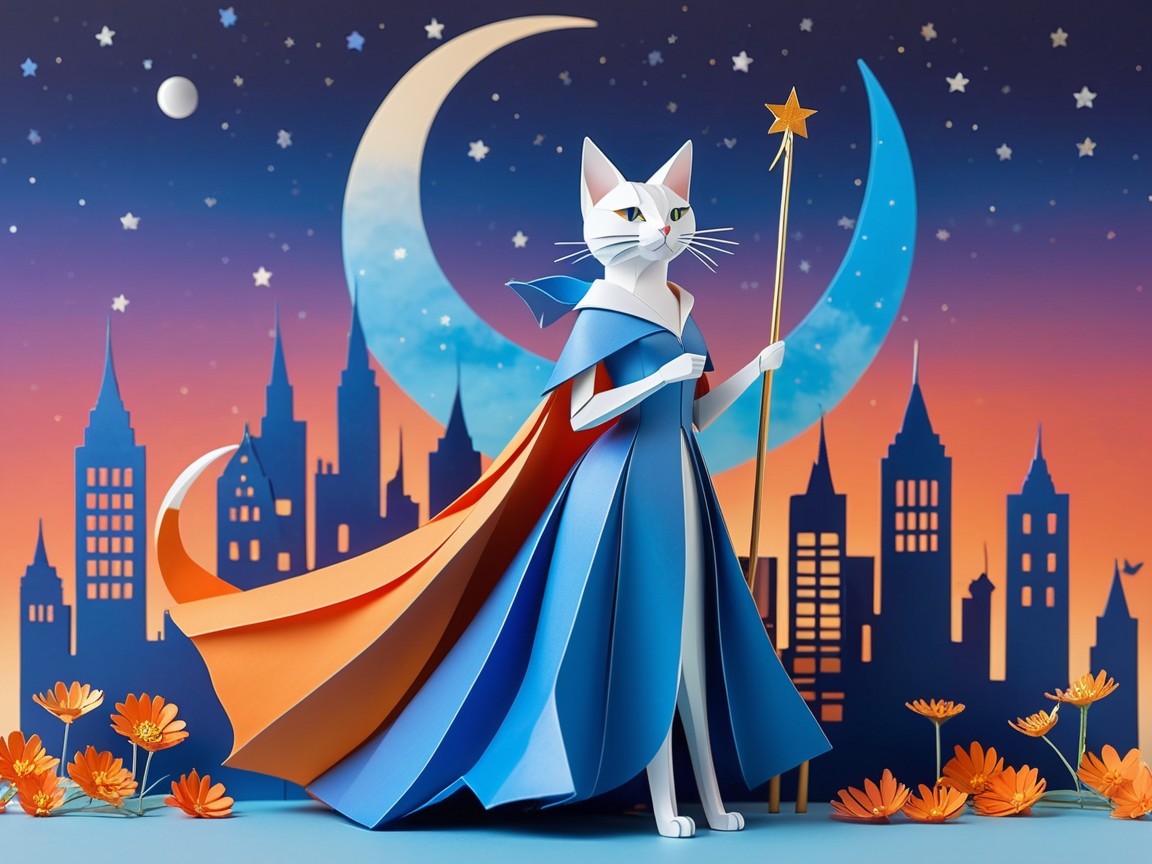Whimsical Paper Art of Cat Sorceress in Twilight Scene