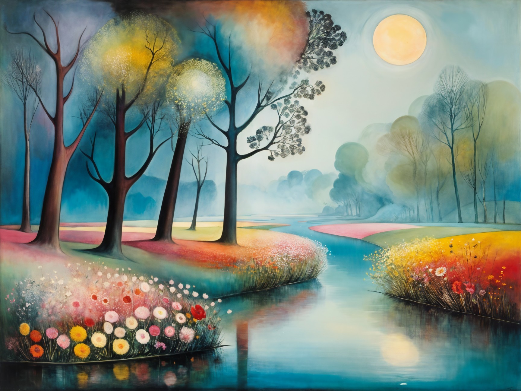 Tranquil River and Vibrant Flower Fields Landscape