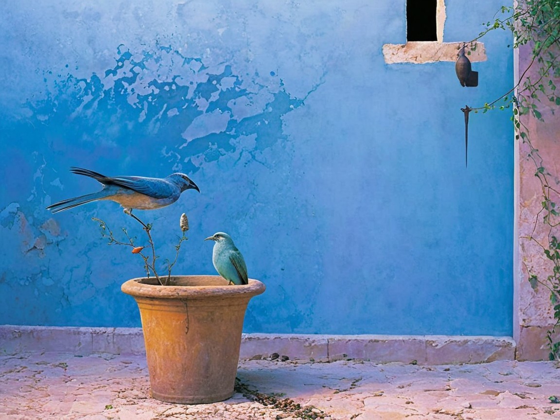 Blue Birds on Clay Pot in Serene Rustic Setting
